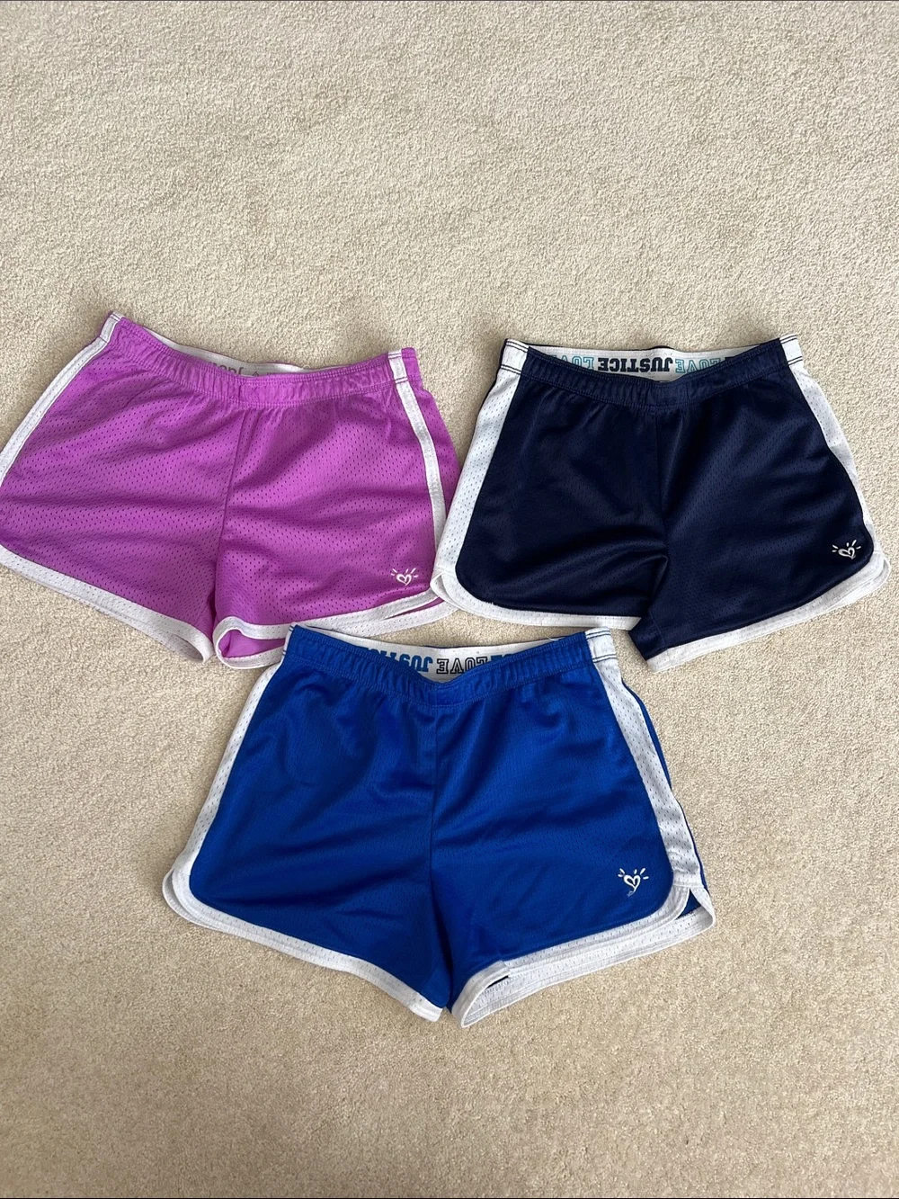3-Pack Justice Girl’s Athletic Mesh Shorts - Purple, Black, Royal Blue Size 12